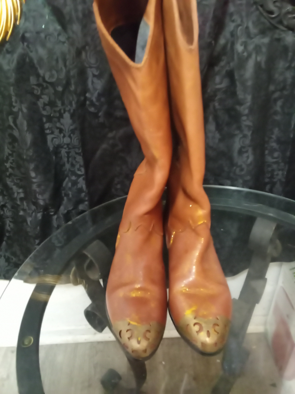 Bellini Cognac Leather Knee-High Heeled Boots with Metallic Accents
